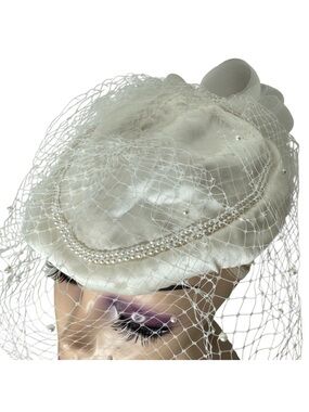 Vintage Satin Bridal Fascinator Hat Birdcage Pearls Veil Headpiece Wedding *Flaw